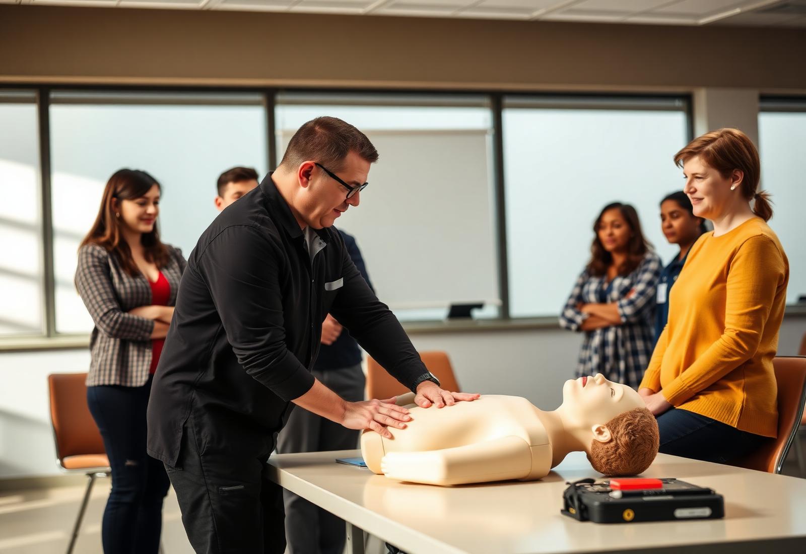 CPR instructor teaching students with a training manikin